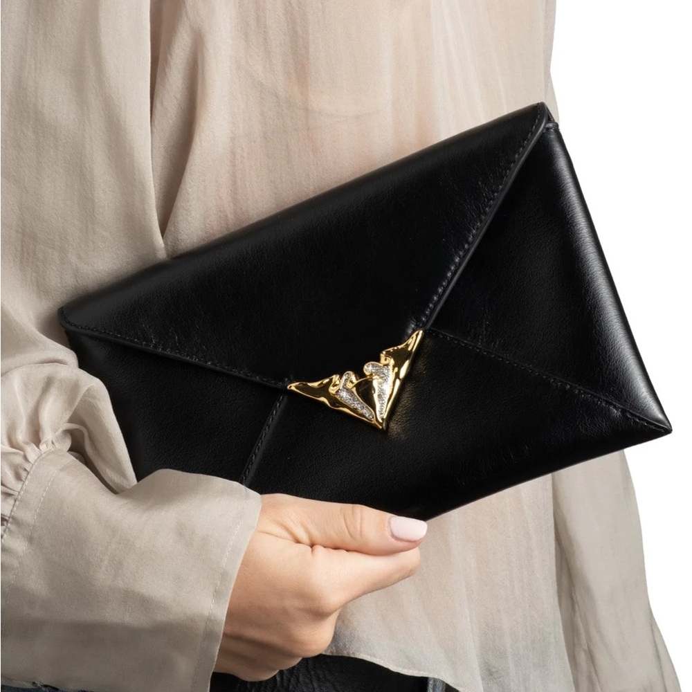 Alexis Bittar Black Leather Envelope Clutch with Gold Accent